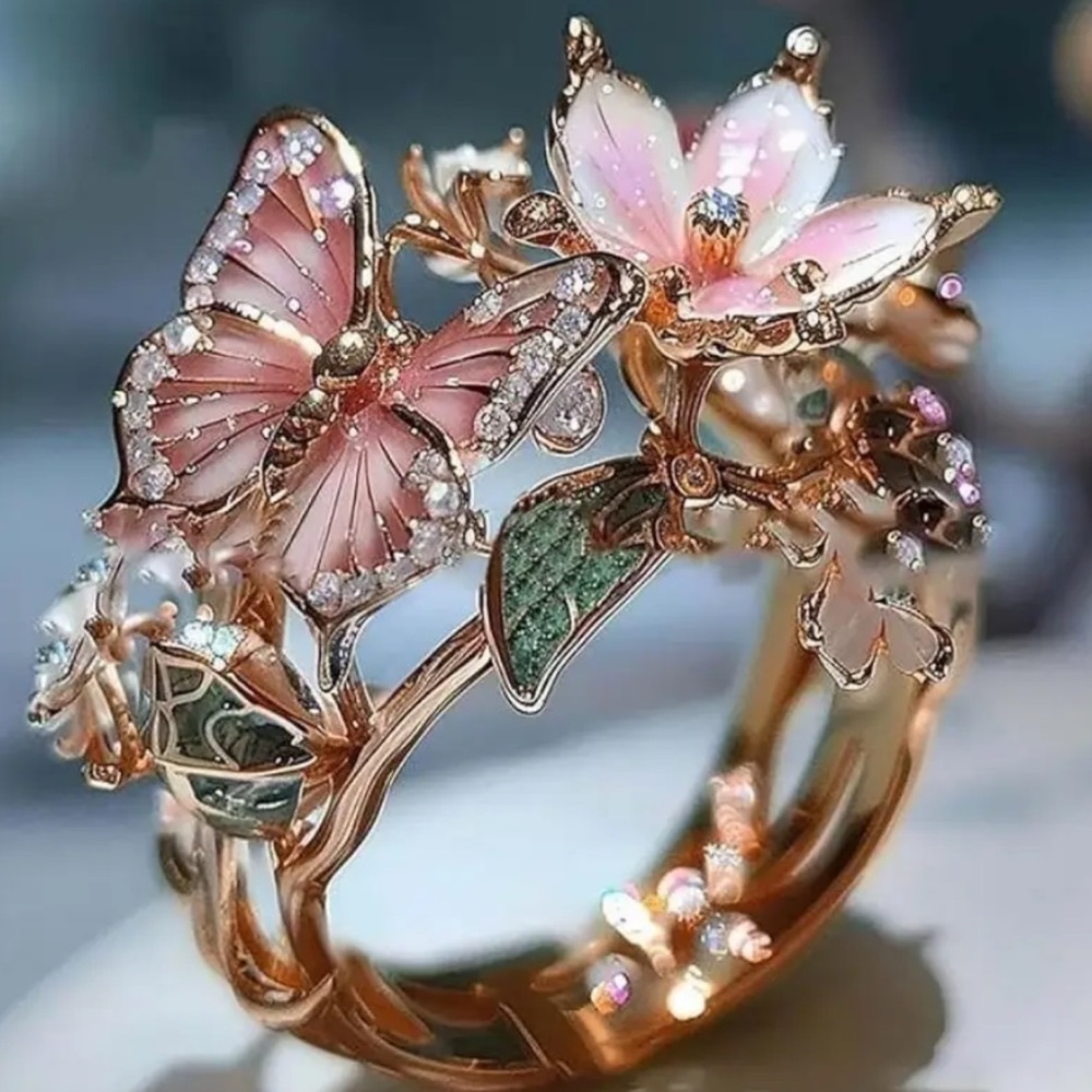 Trendy Luxe New Rose Gold Butterfly Flower Ring Crystal Enamel Adjustable Band